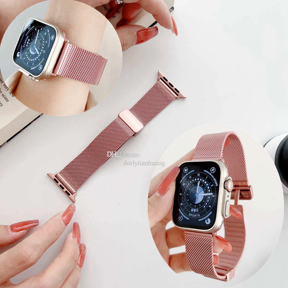 Apple Watch Band 41mm 8 7 6 3 4 5 SE Iwatch Ultra 49mm 41mm 45mm 45m 38 42 44mm 남자 스타 가벼운 접이식 용 스틸 스틸 스테인레스 브레이슬릿 스트랩을위한 시계 밴드 Megnetic Buckle