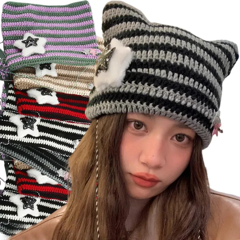 Beanieskull Caps Handgjorda Beanies Hat Söt Fivestar Cat Ear Randig Devil Winter Warm Pullover Tångad Cap Pompom Bonhets för kvinnor 231109