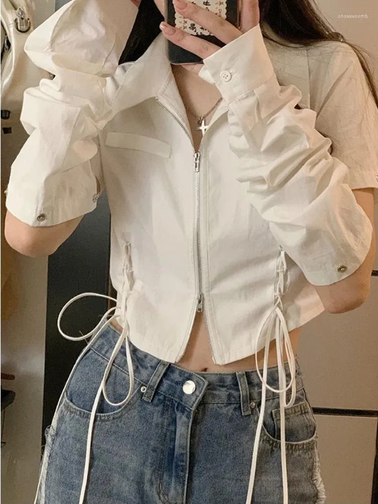 Damesblouses Hikigawa Chic Fashion Dames Koreaans Zoet Y2K Trekkoord Bandage Slanke shirts met korte mouwen Morsmouw Street chic Crop Tops