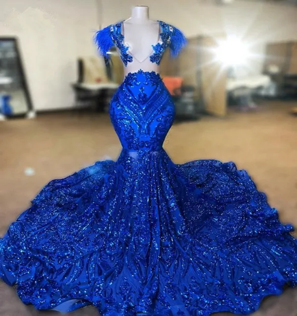 2023 Sparkly Royal Blue Abendkleid für Frauen Glam Pailletten Schwarz Mädchen Lange Abendkleider Geburtstagsfeier Kleider Roben