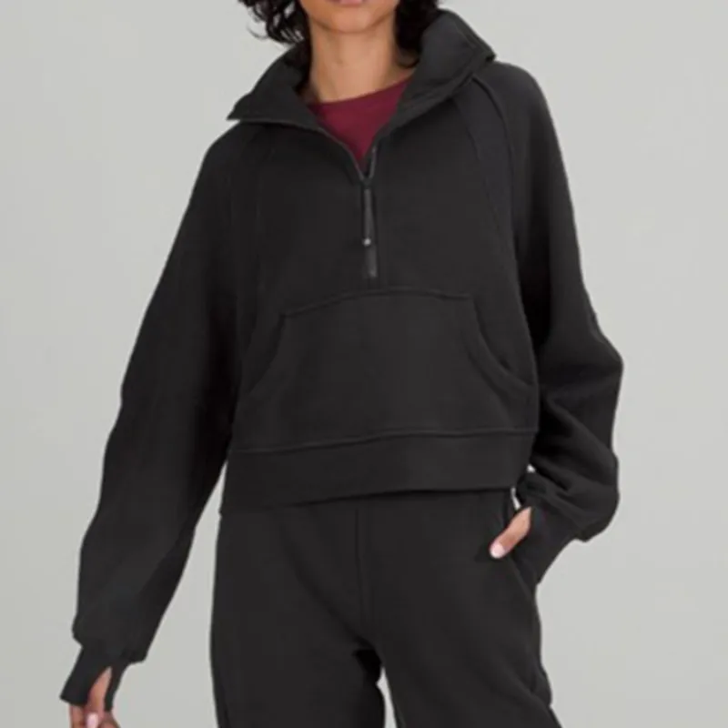 Pull de sport épais pour femmes, col haut, demi-fermeture éclair, boucle, manteau court et ample en peluche, automne et hiver