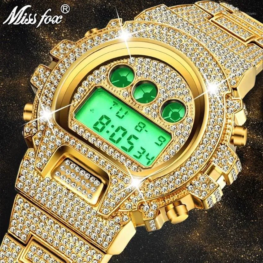 MISSFOX multifunctionele G Stijl Digitale Heren Horloges Top LED 18 K Gouden Horloge Mannen Hip Hop Mannelijke Iced Out Watches1278Y