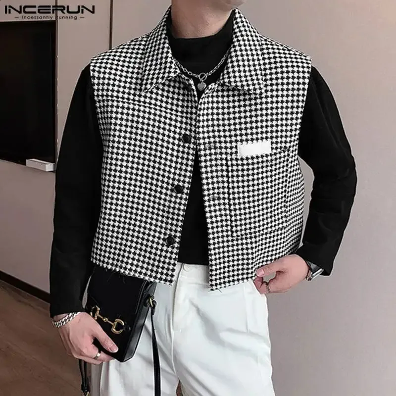 Men's Vests 2023 Men Plaid Lapel Sleeveless Button Streetwear Casual Male Waistcoats Korean Style Fashion Crop S5XL INCERUN 231109