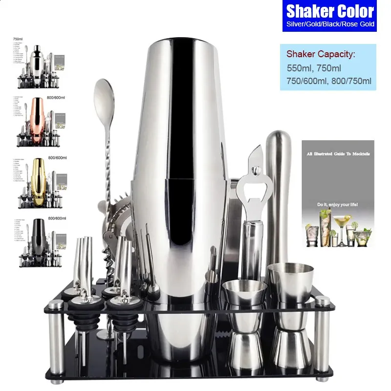 Bar Tools 13Pcs 750/600ml Boston Cocktail Shaker Stainless Steel Mixer Bartender Tools Bar Set Cocktail Recipe With Wine Stand 231109