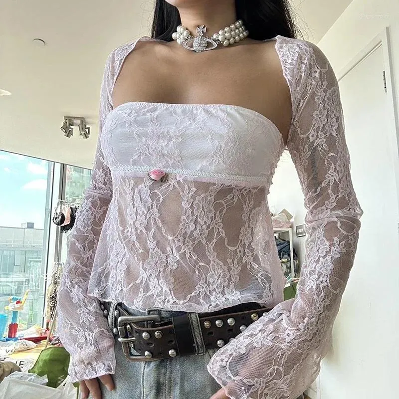 Women's T Shirts Y2K Coquette Lace Patchwork Tube Top And Smock Two Piece Set Women Autumn Cute Sexy Camis Pullovers Matching Suits