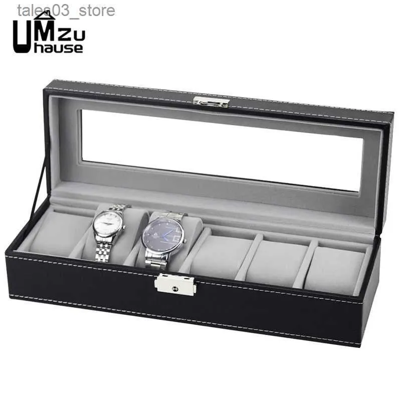 Schmuckschatullen 6 Slot Leder Box Display Schwarz Fall Luxus Schmuck Lagerung Klarglas Deckel Staubdichter Halter Kommode Bin Tischorganisatoren Q231109