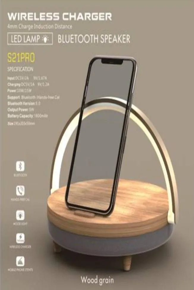 S21 Pro Bluetooth -högtalare Wood Wireless Chargers LED -lampa för iPhone 13 13Pro 12 Hållare 15W Hög effekt Fast Charging Stand4532513