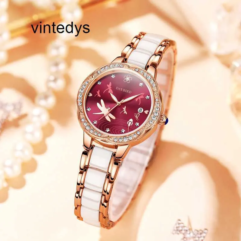 Kwarcowy zegarek dla kobiet Daybird Proud Bird New Dragonfly Japan Ruch Kalendarz Cienka ceramiczna świetlista damska
