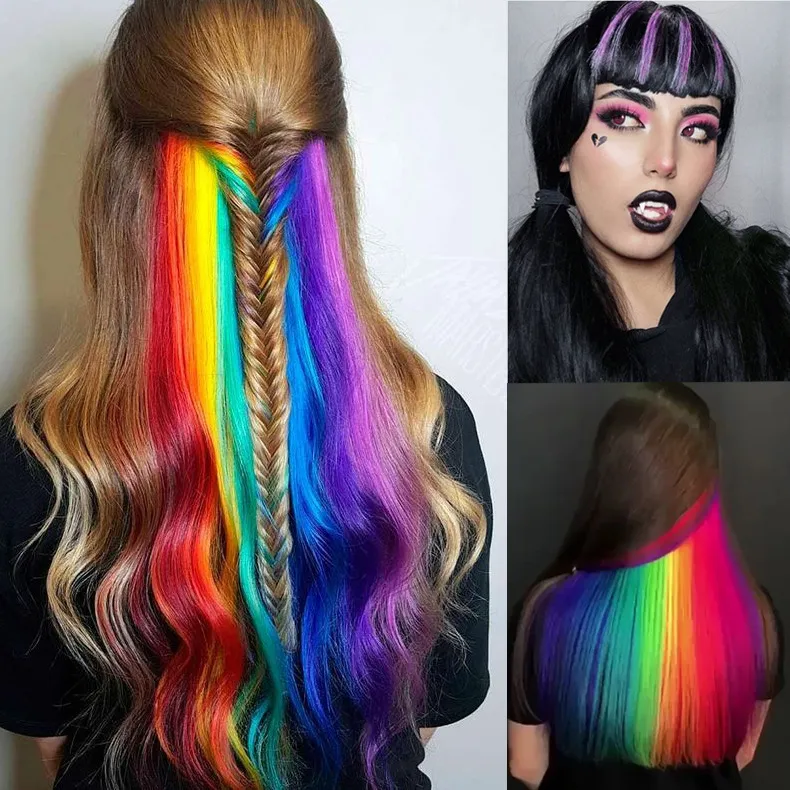 Postiches colorés pour femmes Teinture à reflets invisibles Morceau de cheveux raides Morceau de cheveux bouclés Multi-couleurs Faits saillants de fête Perruque de cheveux humains Perruque avant en dentelle