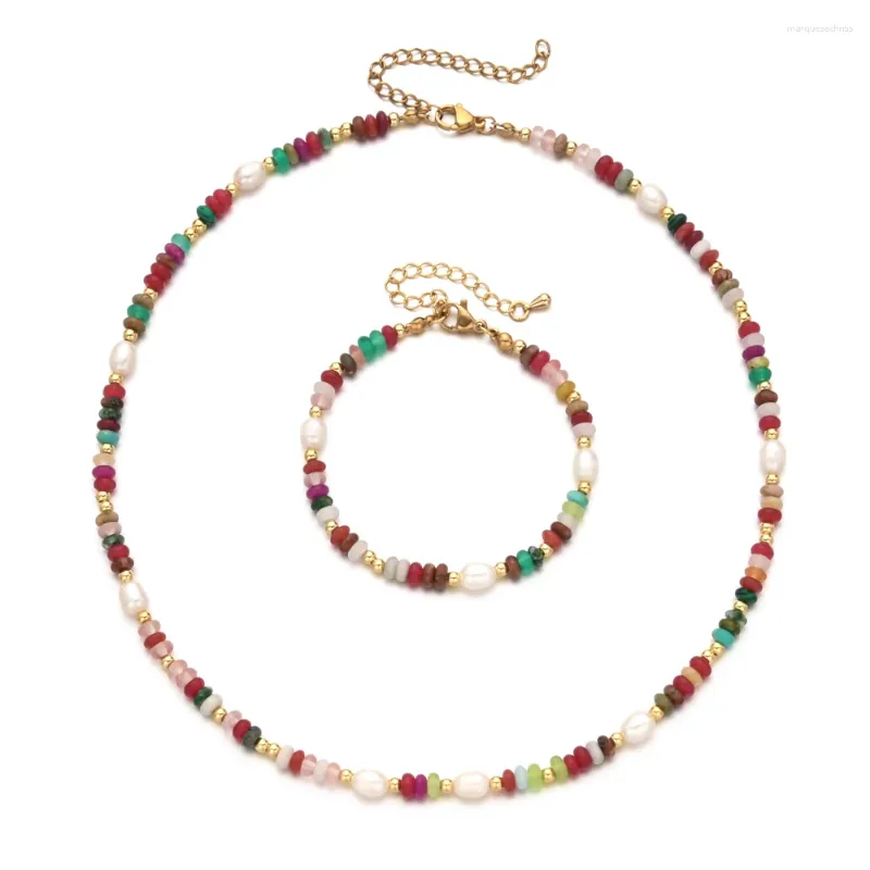 Colar brincos conjunto zmzy série colorida disco pedra pulseira ajustável cristais gargantilha pérola natural para mulher