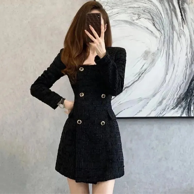 Vestidos casuais preto tweed vestido 2023 primavera outono feminino magro quadrado pescoço senhoras de uma peça estilo coreano elegante mini vestidos