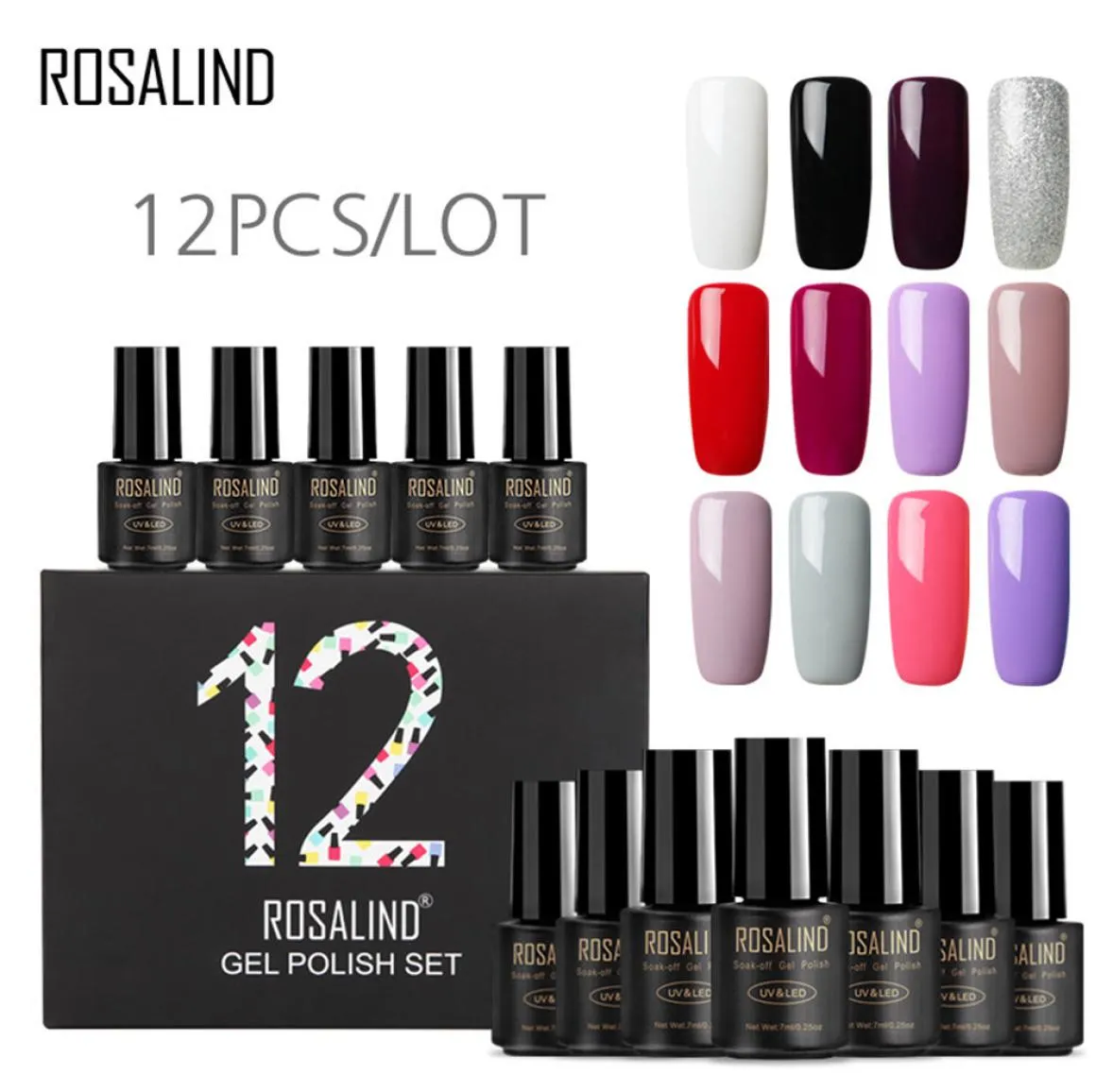 ROSALIND 12pcsset UV LED Unhas Gel Polonês Conjunto Cores Puras Verniz Longa Duração Soak Off 7ml9338572