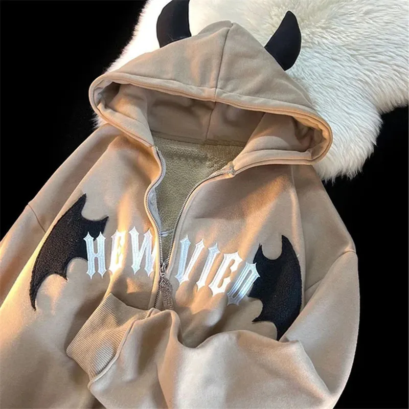 Men s Fleece Devil Horns Hoodie Y2K Oversize Zip Letter Embroidery Sweatshirts Harajuku High Street Long Sleeve Hooded Jacket Tops 2024