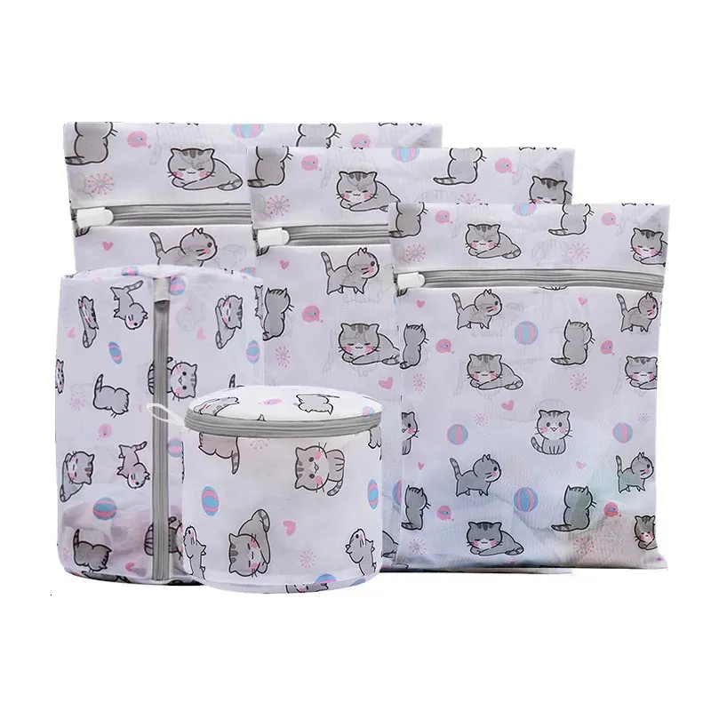 Tvättpåsar 5 datorer/Set Cartoon Cat Tvättväskor Dirty Clothes Underwear Bh Washing Bag For Washing Machine 231109