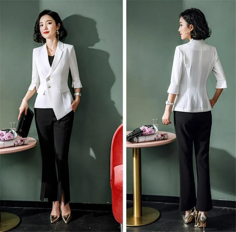 Damskie garnitury Blazery Czarne spodnie z białym płaszczem Lapel Lady Suit Spring Autumn Slim Professional 2 szt. Pantiku