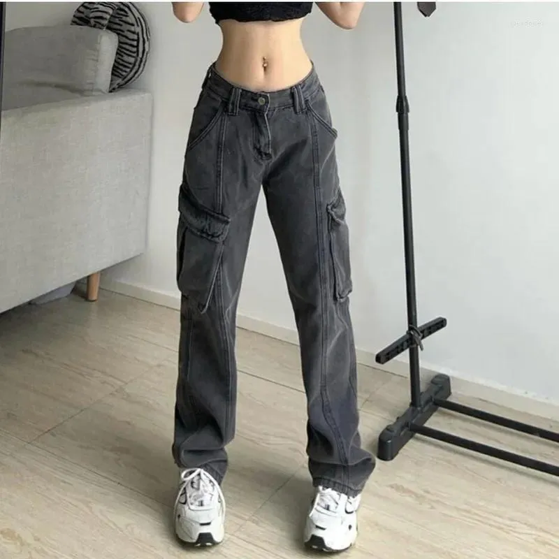 Women's Jeans In Baggy Women 90s Streetwear Pockets Wide Leg Cargo Pants Low Waist Straight Denim Trousers