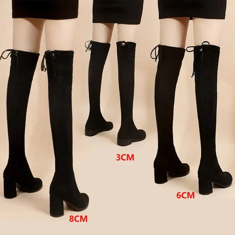 Bottes Faux daim femme talons automne fermeture éclair élastique genou haute pour femmes Tube à lacets cuisse Gigh noir Botas Mujer 231109