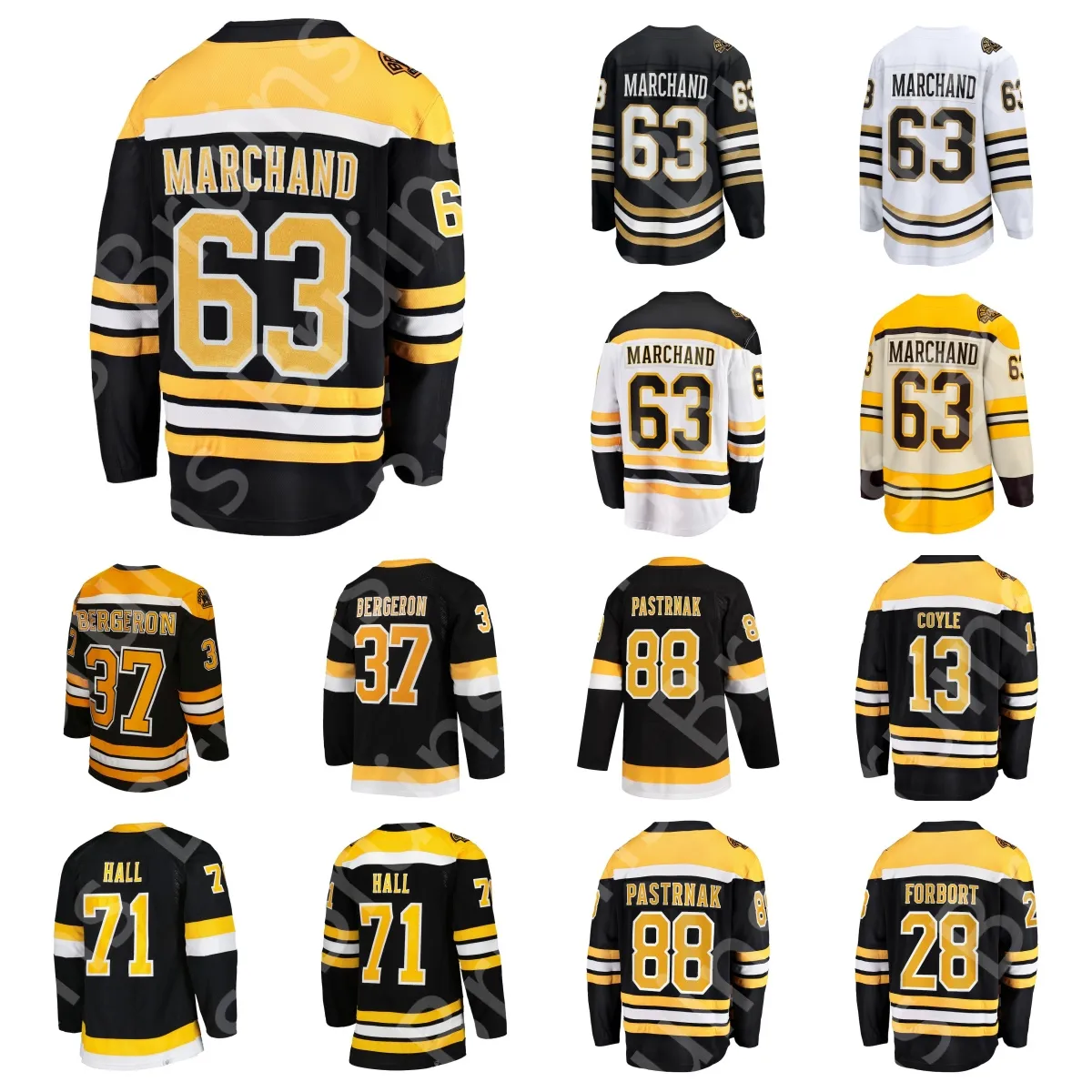 Mens nya ankomst hockeytröjor #63 Brad Marchand #88 David Pastrnak Jeremy Swayman Linus Ullmark Milan Lucic Home Away Player Jersey Black White