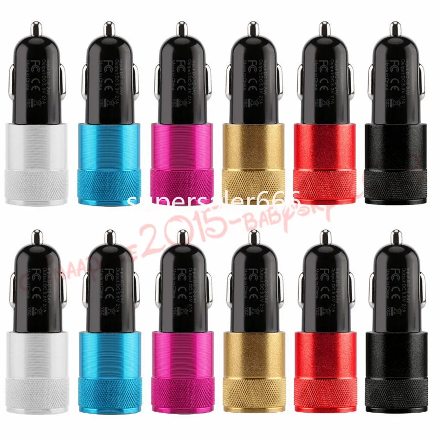 Metal Alloy Dual USB Car Charger 2.1A Auto Power Adapter Chargers för iPhone 12 13 14 15 Samsung S22 S23 S10 S20 HTC Huawei S1
