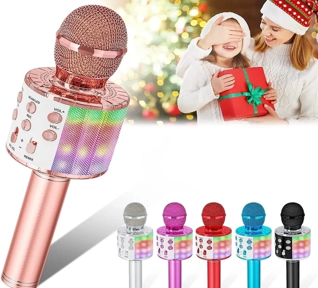 Microfoni Microfono karaoke per bambini che cantano Microfono wireless Bluetooth 5 in 1 con luci a LED Macchina per karaoke Microfono portatile 6690771