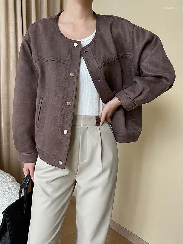 Women's Jackets Loose Fit Brown Big Size Suede Short Jacket O-neck Long Sleeve Women Coat Fashion Tide Spring Autumn O676