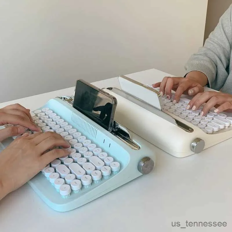 Tangentbord Bluetooth-kompatibelt trådlöst tangentbordskontor Skrivmaskin Mekanisk känsla Retro Round KeyCap Notebook Tablet Tangentbord Dropship R231109
