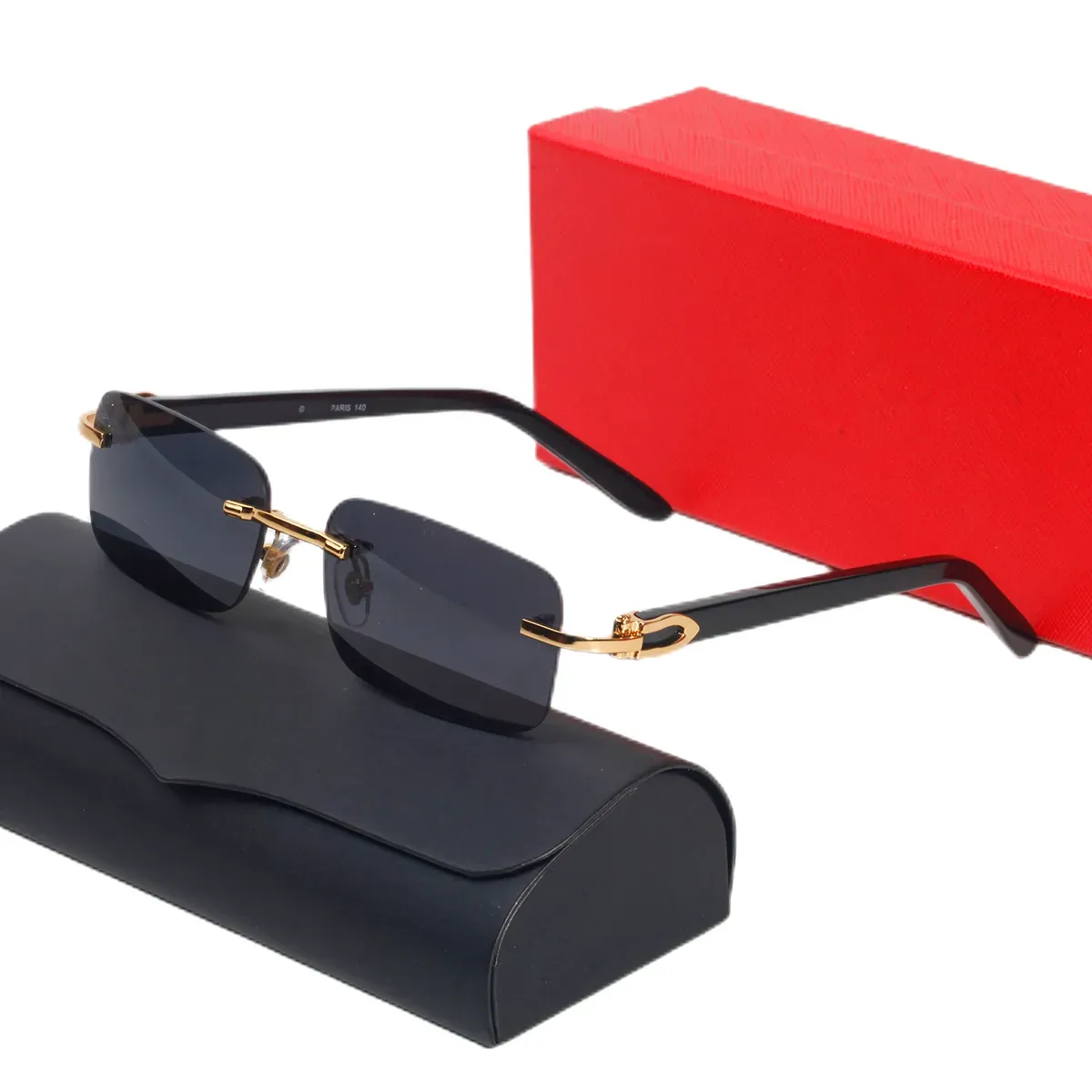 Occhiali da sole designer di lusso uomini senza bordo carti occhiali di moda occhiali lunette grandi quadrati uv400 cornice in oro show con occhiali da sole rettangolo in legno in scatola