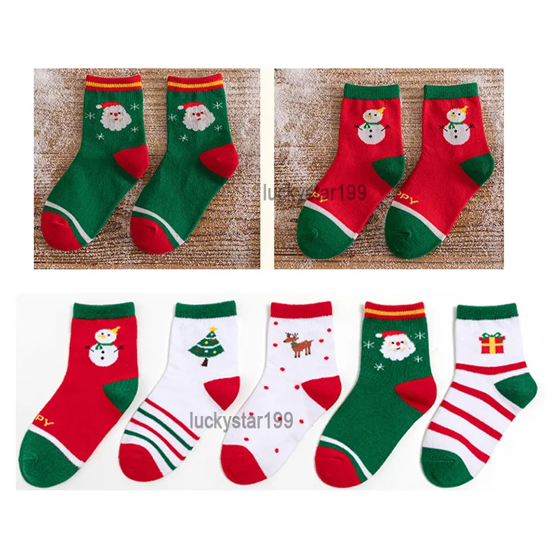 Bunte Weihnachtssocken für Kinder, Baumwollstrümpfe, 1–12 Jahre, für Jungen und Mädchen, Cartoon-Designer, weiche Socken, 5 Paar/Dutzend