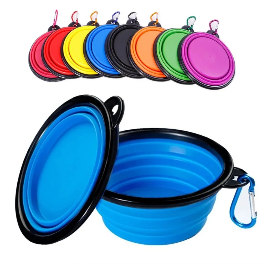 Pet Dog Bowls Folding Portable Dog Food Container Silicone Pet Bowl Puppy Collapsible Bowls Pet Feeding Bowls with Climbing Buckle E1109