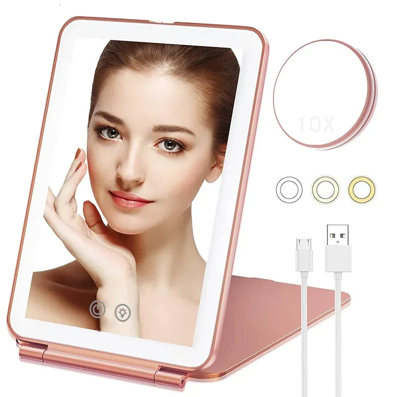 Miroirs compacts Miroir LED pliant Miroir de maquillage à écran tactile 3 couleurs Modes d'éclairage Miroirs cosmétiques Miroir de maquillage pliable rechargeable par USB 231109