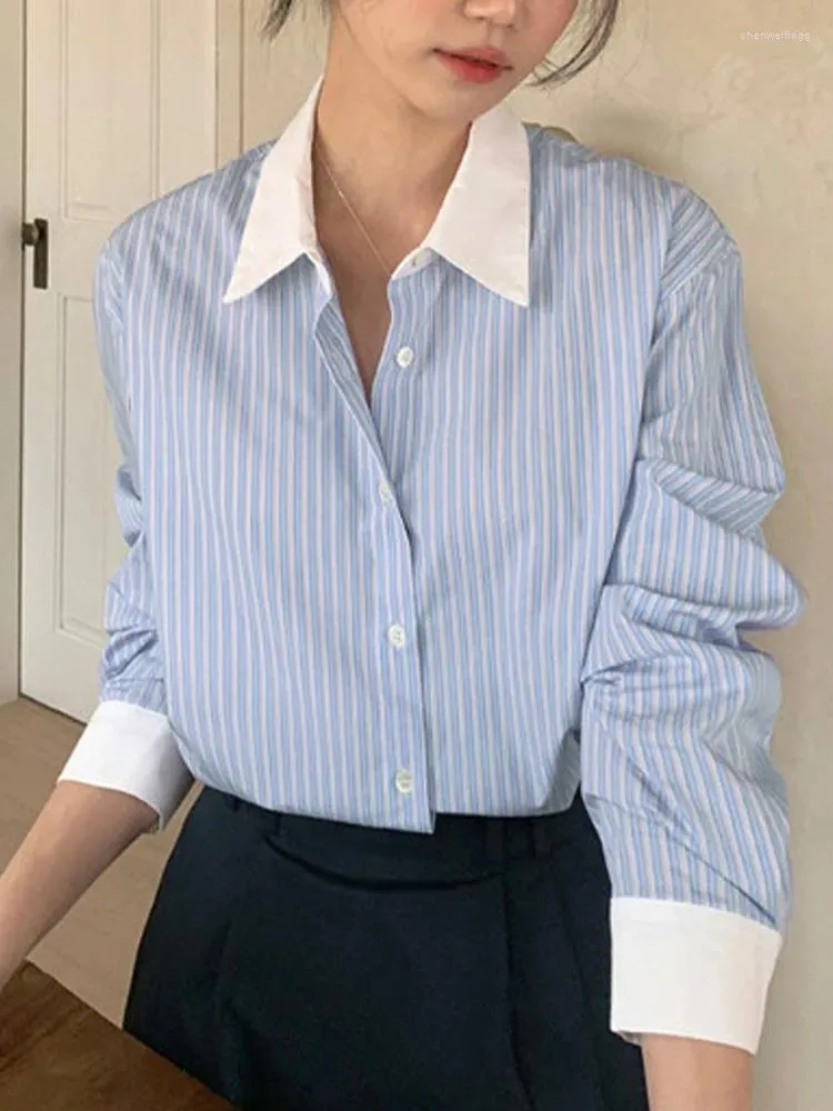 Blouses Femmes Chemises rayées Femmes Mode coréenne Contraste Couleur Blouse Femme Casual Manches Longues Revers Tops Simple Boutonnage Patchwork