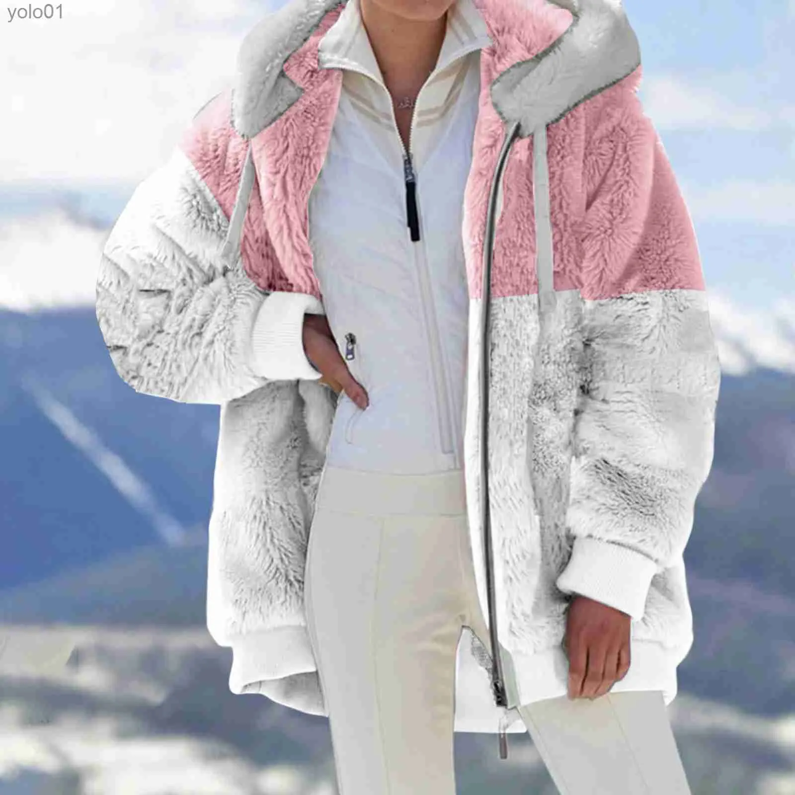 Veste ample à capuche en fausse fourrure pour femme, décontractée, surdimensionnée, nouvelle collection automne et hiver, chaude en peluche et fermeture éclair, poche cousue, manteau en fausse fourrure à carreaux 2023L231109