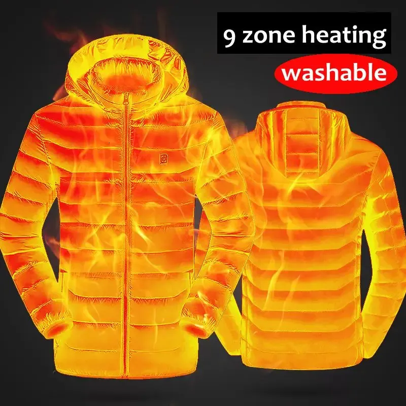 Herren-Daunenparkas, 9-fach beheizte Winterjacke, warme Jacken, USB-Heizung, gepolstert, intelligenter Thermostat, reine Farbe, Kapuzenkleidung, wasserdicht, 231109