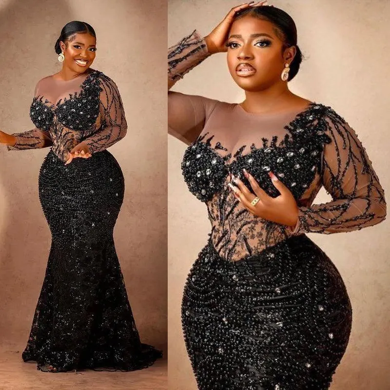 Plus Size Laatste Aso Ebi Galajurken Lange Tule Kanten Mouwen Zeemeermin Zwarte Kralen Afrikaanse Nigeria Glitter Avondjurk Tweede Receptie Jurken Sprankelend