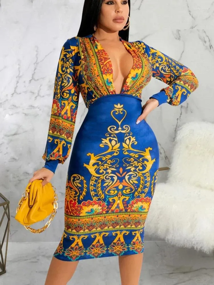 Casual Dresses Autumn For Women Sexy Baroque Print Deep V-Neck Lantern Sleeve Bodycon Dress Vestidos De Mujer Mini Robe Female