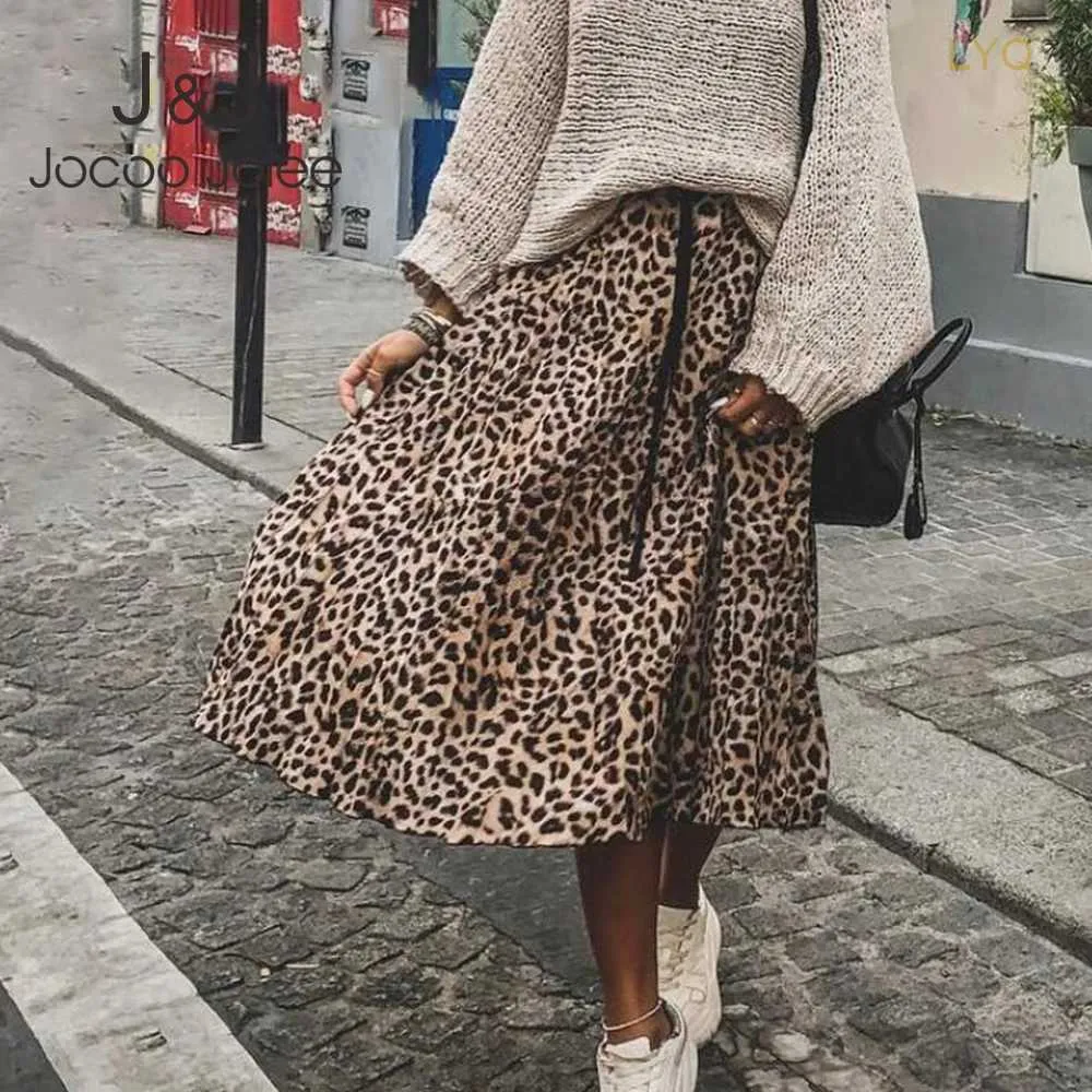 Gonne Jocoo Jolee Donna Gonne a pieghe con stampa leopardata Y2K Vintage Coulisse Vita elastica Midi Casual Coreano A Line Dress Clothes