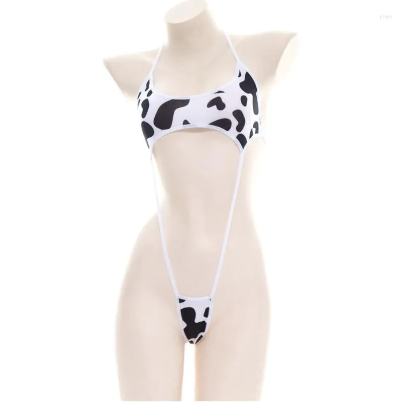 Women's Swimwear Women Cute Milk Cow Print Bikini Bodysuit Sexy Halter Backless Cutout Micro Jumpsuit Strappy Erotic Cosplay Lingerie