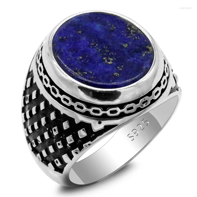 Cluster Rings 925 Sterling Silver Men's Natural Lapis Lazuli Prismatic Connection Pattern Punk Style Turkish Jewelry