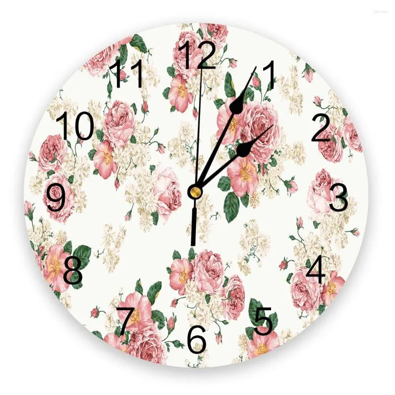 Horloges murales Fleur Rose Vert Feuille Rose Horloge Style Rond Mode Design Moderne Maison Salon Chambre Décoration