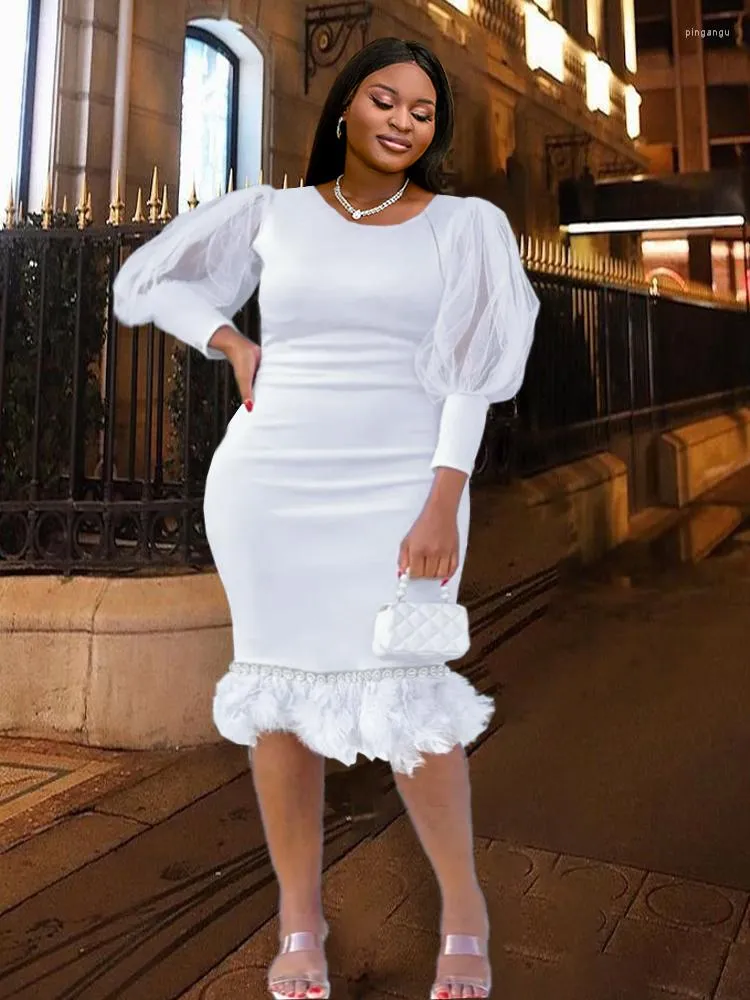 Casual Dresses Plus Size Feather Party Dress O Neck Lantern Sleeve Bodycon Robes Sheath Elegant White Evening Birthday Cocktail Event Autumn