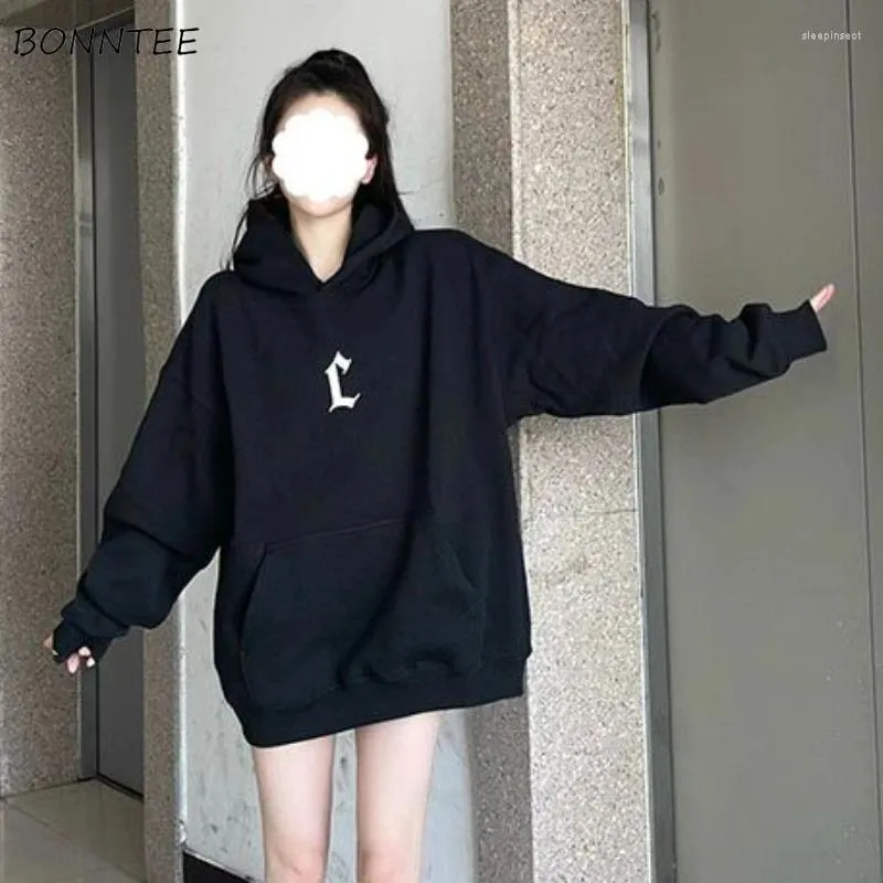 Women's Hoodies Black Letter Women American Style College Loose Autumn Winter Hooded Clothes BF Street Fashion Youth All-match Simple