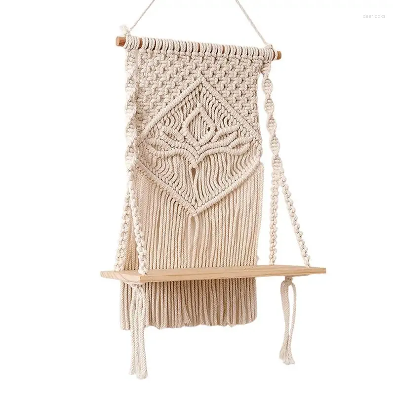 Tapestries Macrame Wall Shelf Rack Wood Floating Rustic Plant White Boho Shelves Organizer Handmade Woven Rope Bohemian Decor