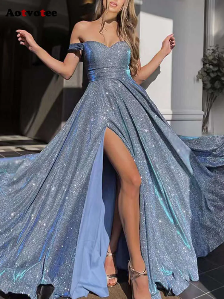 Robe longue à paillettes, Sexy, nouvelle mode, sans bretelles, Chic, élégante, fendue, longueur au sol, robes de soirée