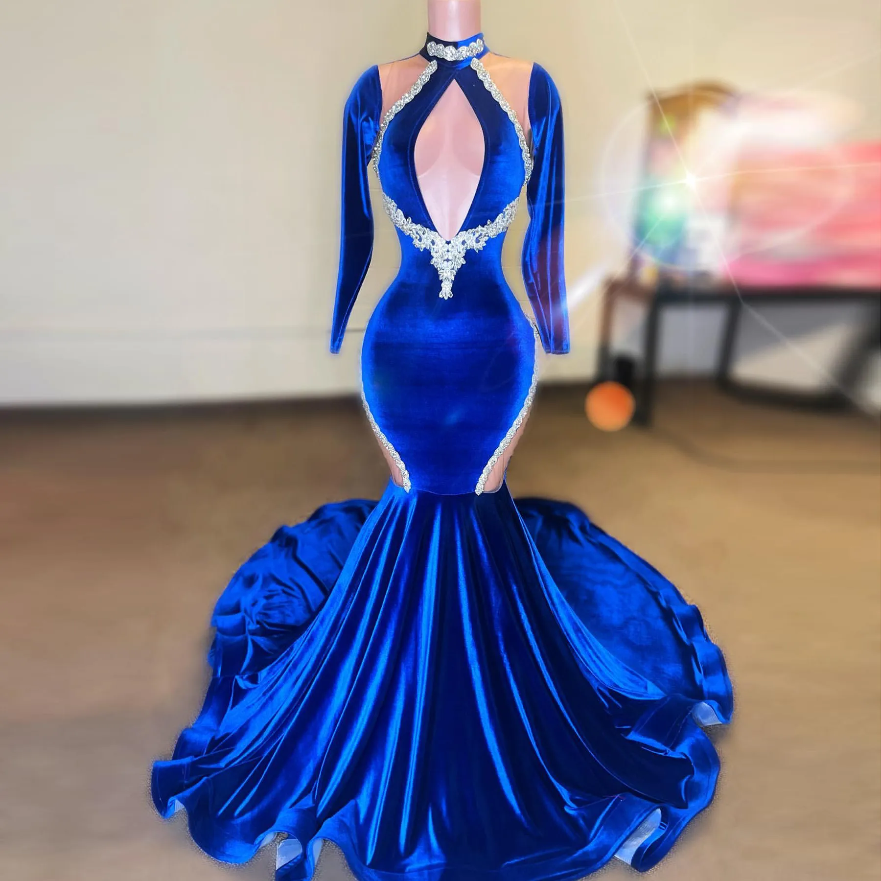 Neue Königsblau Meerjungfrau Abendkleid Samt Stehkragen Silber Perlen Promi Party Abendkleider Formale Anlässe Kleider