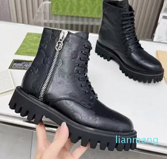 New Autumn and Winter Top Brand Women's Fashion Designer Family Side Zipper Lace up Boots Black Martin Long Sleeve