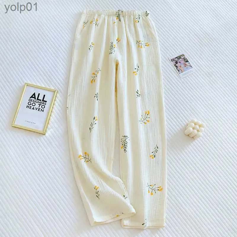 Vêtements de nuit pour femmes 2023 japonais printemps/été nouveau pantalon de pyjama pour femme 100% pantalon en crêpe de coton pantalon de pyjama doux et mignon dames pantalon de maison ample L231109