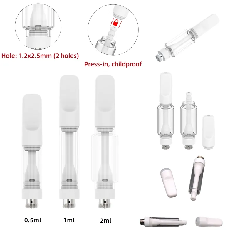 Nieuwe lege bedompte karren Vape-cartridge 0,5 ml 1,0 ml 2,0 ml verstuiver Pers in mondstuk Pyrex glazen tank Keramische spoel Dikke olie 510 vaporizer-pen met eenvoudig te gebruiken vaporizer-pen