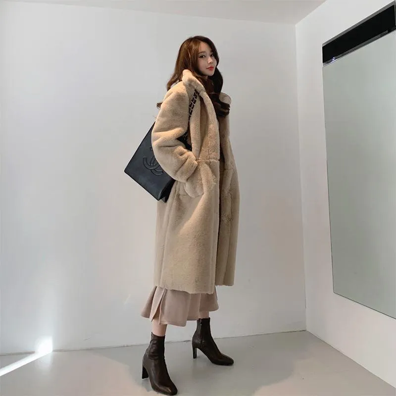 Pelliccia da donna finta invernale calda giacca a vento con tasca grande giacca casual in pile cappotto lungo con risvolto kaki chiaro peloso sottile