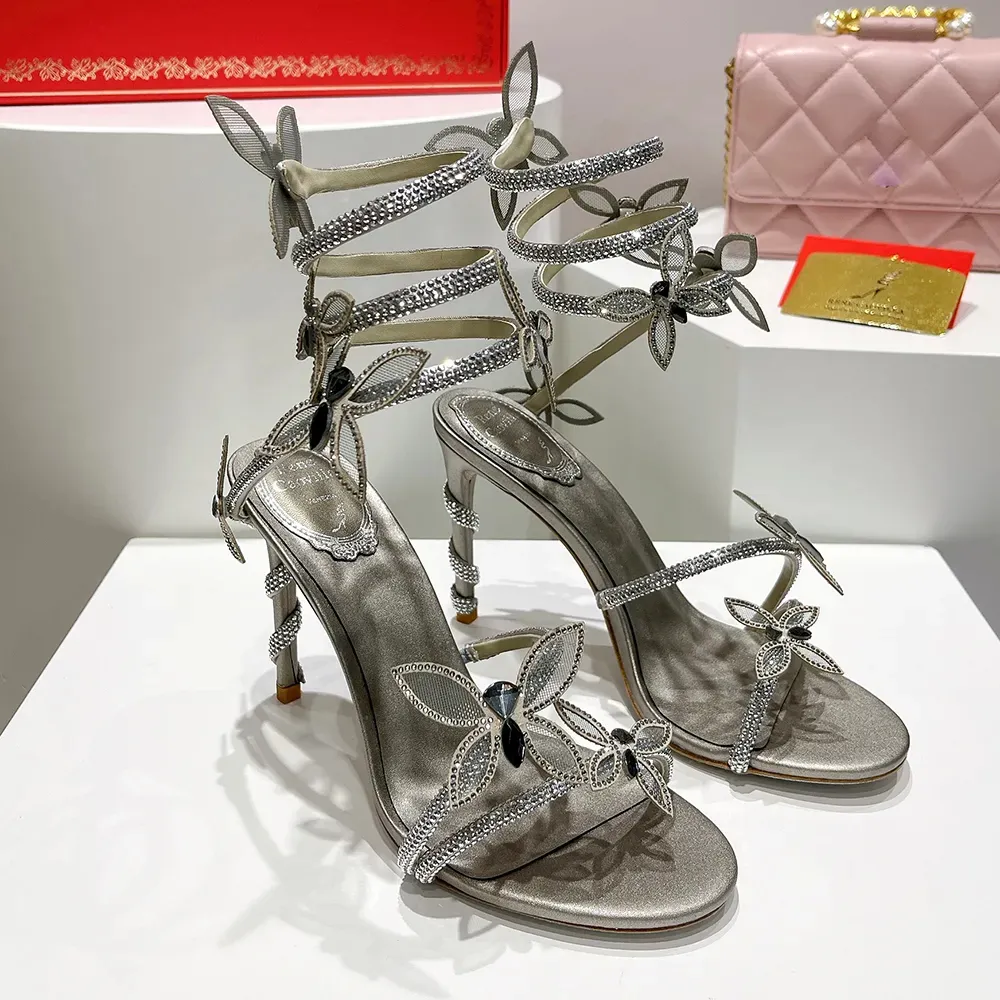 Papillon cristal décoratif sandales hautes stiletto femmes chaussures de soirée 9.5cm Serpentine Wraparound luxe designer femmes talons hauts taille 35-42