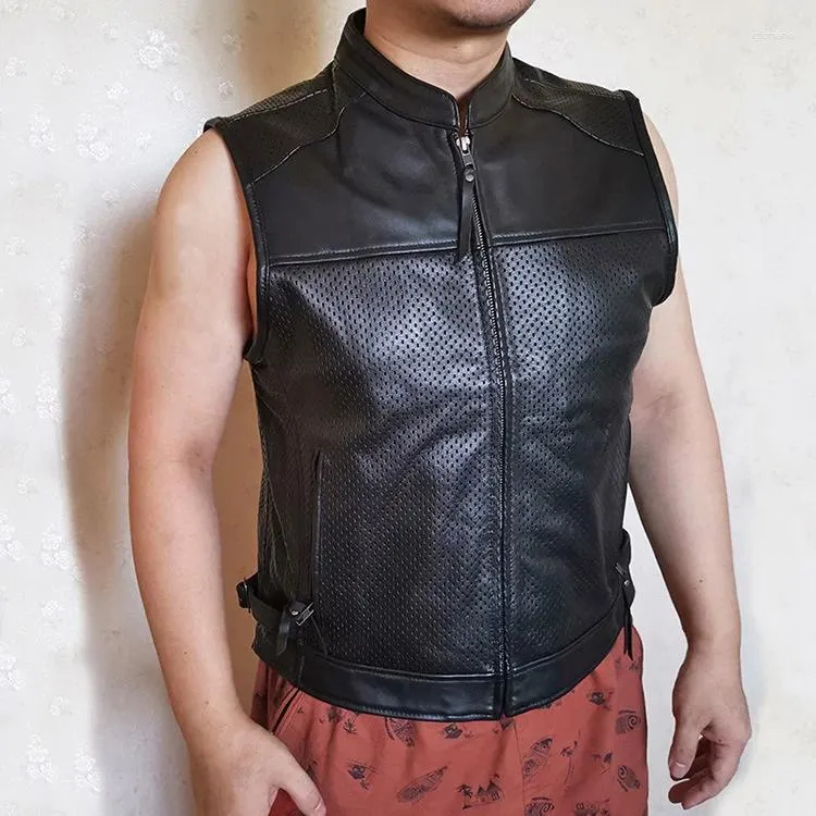 Men's Vests Motorcycle Biker Vest Mesh Breathable Cowhide Perforated Zippper Thick Genuine Leather Sleeveless Jacket